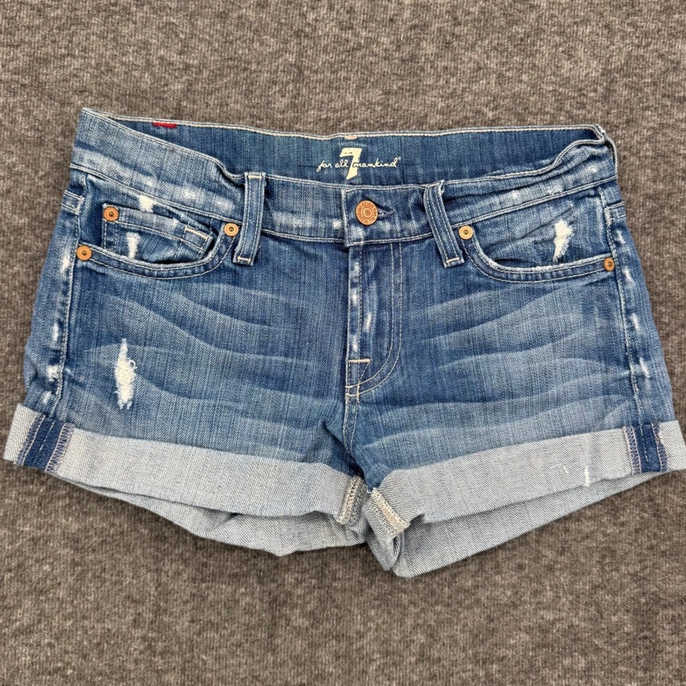 7 For All Mankind Distressed Cuffed Denim Shorts Blue Medium Wash Size 25 Casual